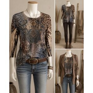 Jess & Jane Y2K Boho Artsy Paisley Safari Animal Print Eclectic Blouse Damask M